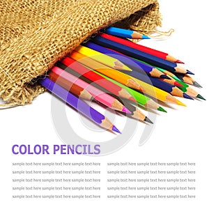 Colour pencils in a bag isolated on white background