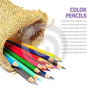 Colour pencils in a bag isolated on white background