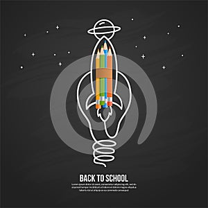 Colour pencils rocket launching with light bulb on blackboard, welcome back to school background