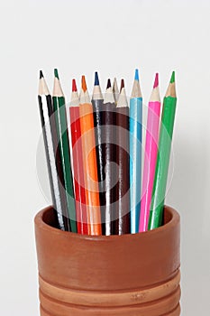 Colour pencils on white background. close up of colored pencils
