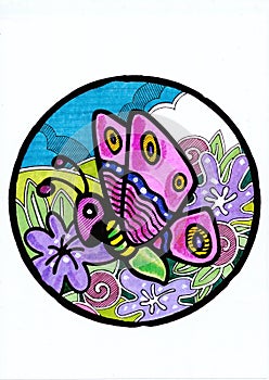 Colour sketch of a butterfly and flowers.