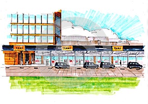 Colour sketch of electric taxis at charging points outside an airport terminal.