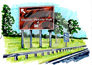 Colour sketch of a road sign for an electric vehicle hub.