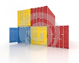 Colour stacked shipping containers on white background