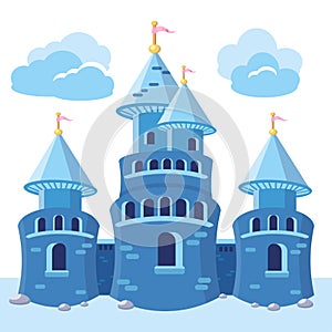 Coloured castle, building for king, queen, princess. Old medieval building with towers. Vector illustration in cartoon