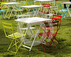 Coloured chairs white table