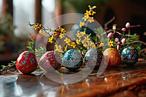 Coloured Easter eggs lying on a table in a row.