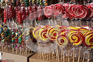 Coloured lollipops at a fair stand