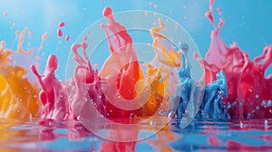 Coloured paint drops into clear liquid, creating dynamic splashes, water droplets, bubbles and creative organic shapes