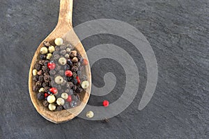 Coloured pepper on a wooden spoon isolated on slate