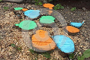 Coloured stubs with grass and sawdusts on a ground in a dacha garden