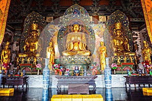 Coloured woodcarving sculptures of Mahavira Hall (Hall of Ceremony) of Up-Huayan temple