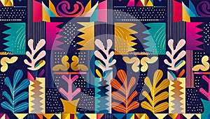 An colourful abstract art piece of cut out pattern shapes