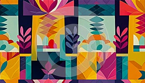 An colourful abstract art piece of cut out pattern shapes