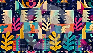 An colourful abstract art piece of cut out pattern shapes