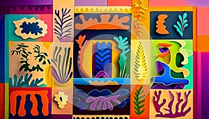 An colourful abstract art piece of cut out shapes