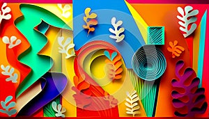 An colourful abstract art piece of cut out shapes