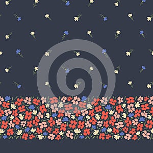 Colourful abstract ditsy gestural flowers vector seamless horizontal border and pattern on dark background. Floral Edge