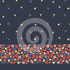 Colourful abstract ditsy gestural flowers vector seamless horizontal border and pattern on dark background. Floral Edge photo