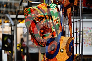 Colourful African patterned backpack for sale in Greenwich Market in London