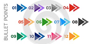 Colourful arrows set isolated on white background. Bullet points numbers from one to twelve.