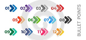Colourful arrows set isolated on white. Bullet points numbers from one to twelve.