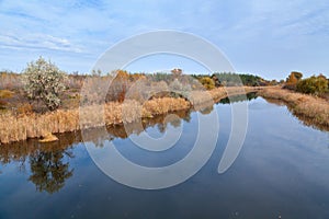 Colourful autumn landscape, symmetrical reflection in the river.