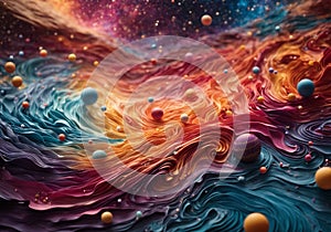Colourful background of a swirling paper-art galaxy with planets