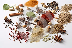 Colourful background from various herbs and spices for cooking isolated on white Top view,
