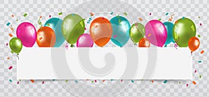 Colourful Balloons with confetti and streamers white Paper free Space