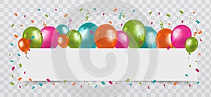 Colourful Balloons with confetti and streamers white Paper free Space. Transparent background. Party, Birthday and Carnival