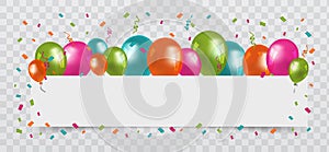 Colourful Balloons with confetti and streamers white Paper free Space. Transparent background. Party, Birthday and Carnival Vector