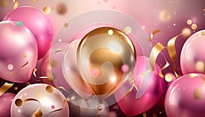 Colourful balloons, pink, gold, streamers. Helium Ballon floating in birthday party. Concept balloon of love and