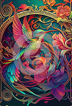 Colourful bird rainbow colors painting Mucha style Hummingbird