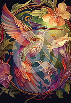 Colourful bird rainbow colors painting Mucha style Hummingbird