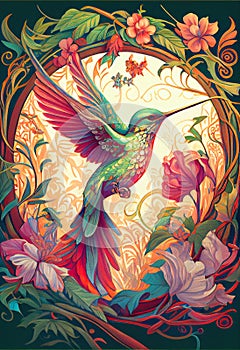 Colourful bird rainbow colors painting Mucha style Hummingbird photo