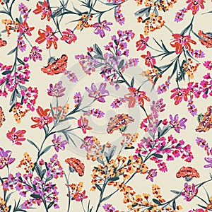 Colourful Blooming Hand drawn paint brused Wild flower ,Meadow floral Seamless pattern Vector illustration artistic style ,Design