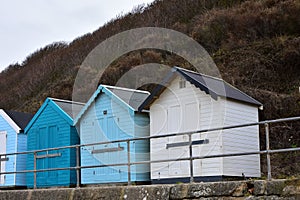 Colourful Blues and White Beach Huts, Cromer, Norfolk, UK photo