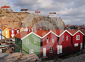 Colourful Boat Houses At Smogenbryggan In Smogen