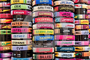 Colourful bracelets with French names