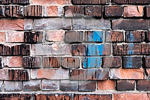 Colourful brick wall texture background. Old weathered and cracked red, orange, brown and grey bricks