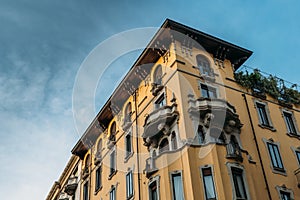 Colourful and bright art-noveau Liberty style buildings in the Porta Venezia distrct of Milan, Lombardy, Italy