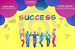 Colourful business people silhouette, group of diversity businessman hands up, successful team concept bubbles yellow