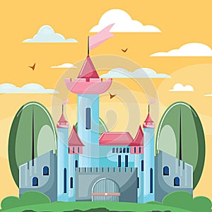 Colourful castle in the forest and yellow sky. Dreamland illustration .
