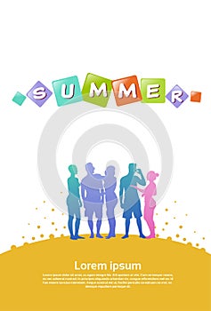 Colourful casual people silhouette, group of diversity relax summer human, successfull team concept, A4 vertical copy