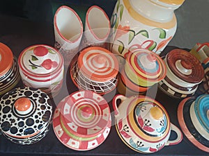 Colourful ceramic pots displayed in Indian handicraft shop
