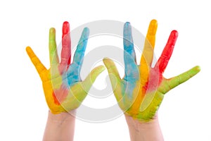 Colourful child hands isolated on white