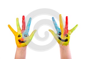 Colourful child hands isolated on white