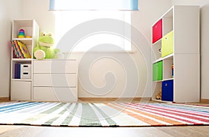 Colourful children rooom with white walls and furniture