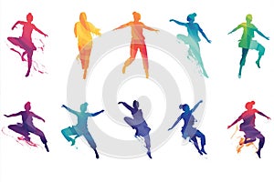 Colourful children silhouettes dancing little jumping background group outline joy fun shadow disco design people